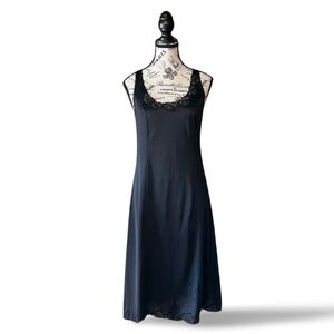 Vintage 80s 90s black satin lace midi slip dress M